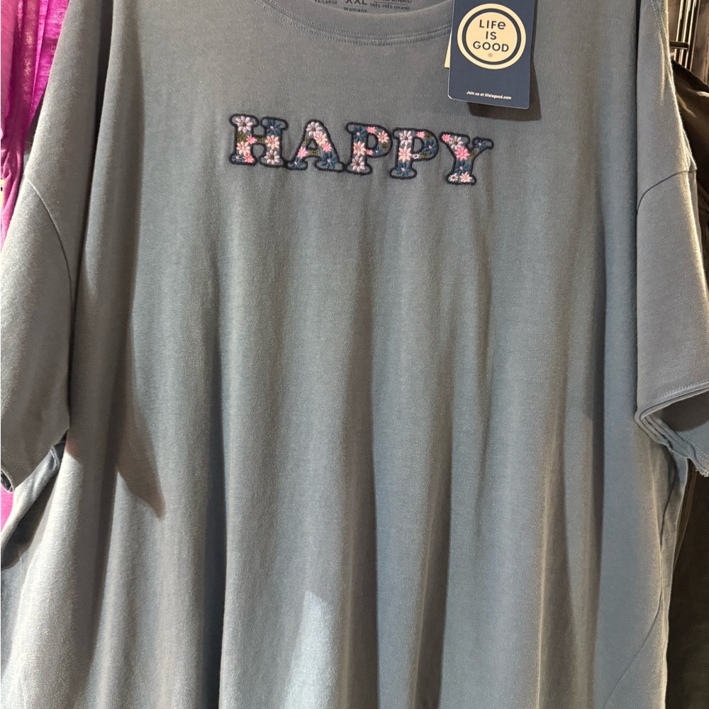 Women’s XXL Life Is Good Blue Floral 'Happy' Tee NWT